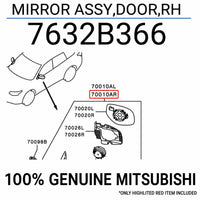 2012 to 2015 Mitsubishi Outlander ZJ Right Door Mirror Non-Flasher, 3 Wire -NEW-